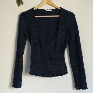 Lush Faux Fur Fairycore Cottagecore Grunge 90s Wrap Blouse Navy Size Small